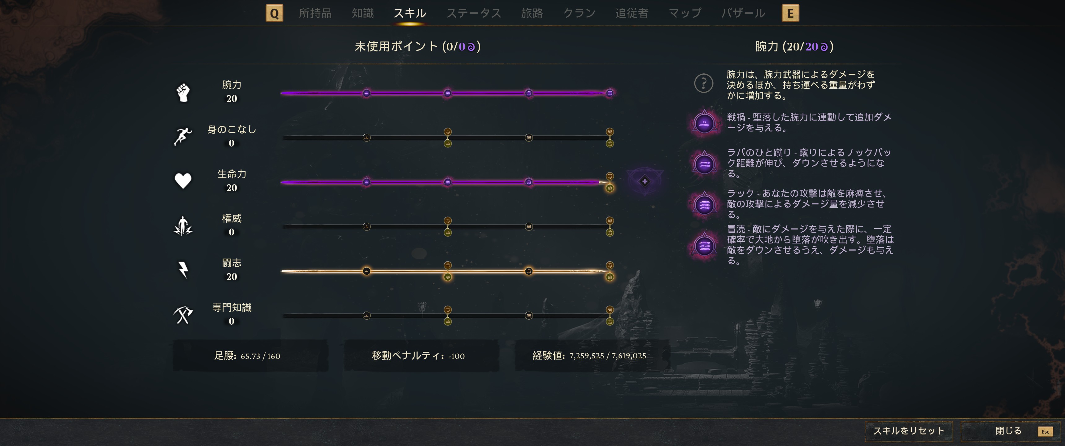 ビルド1: 私の普段使い(単独出撃型・脳筋) スキル振り画面